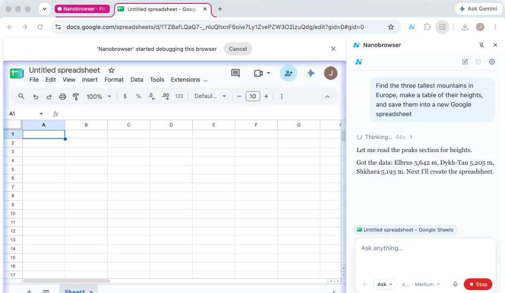 Nanobrowser working in a Google Sheet