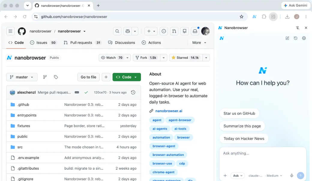 Nanobrowser on its GitHub repository